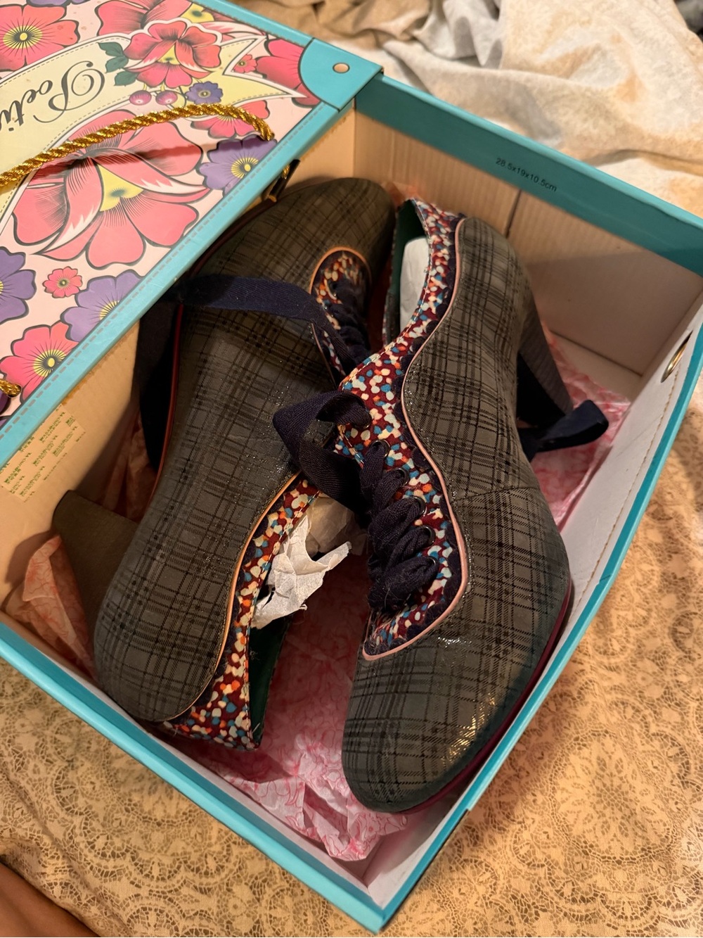 Poetic License /irregular choice Navy Plaid Heeled Oxfords with Multicolor Trim